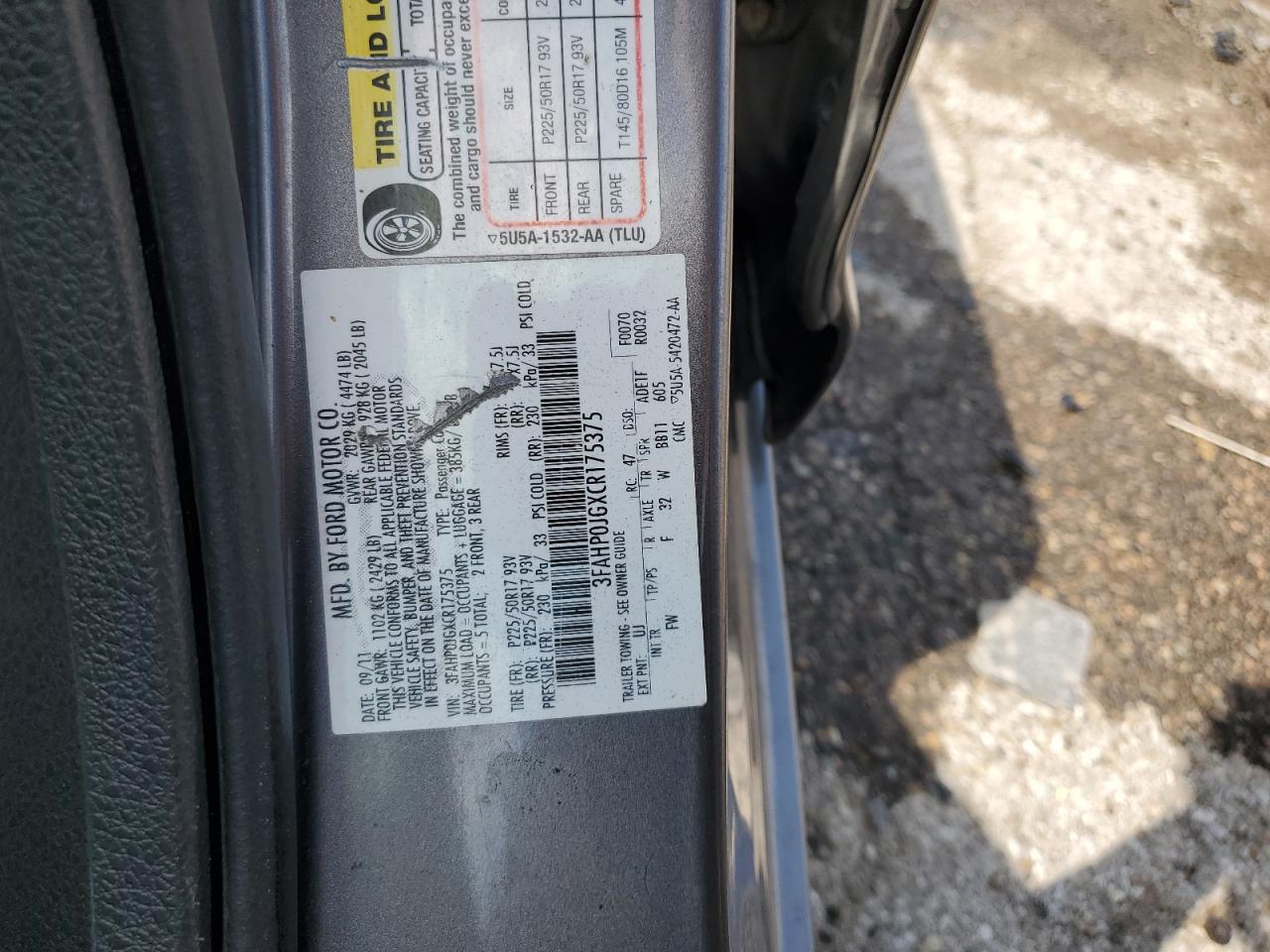 2012 Ford Fusion Sel VIN: 3FAHP0JGXCR175375 Lot: 64005015