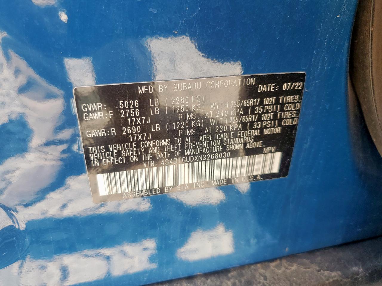 2022 Subaru Outback Wilderness VIN: 4S4BTGUDXN3268030 Lot: 61764525