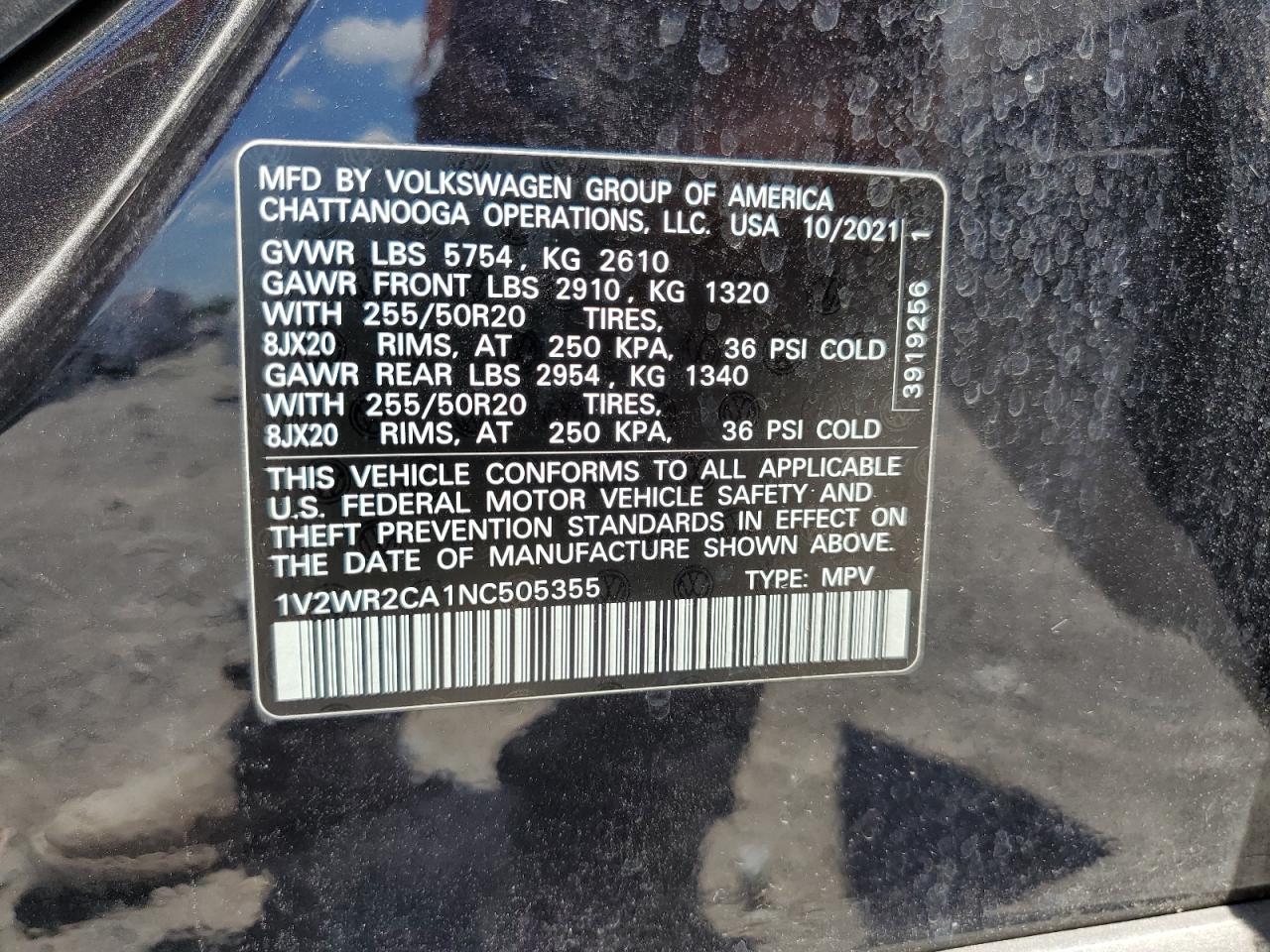 2022 Volkswagen Atlas Se VIN: 1V2WR2CA1NC505355 Lot: 65019435