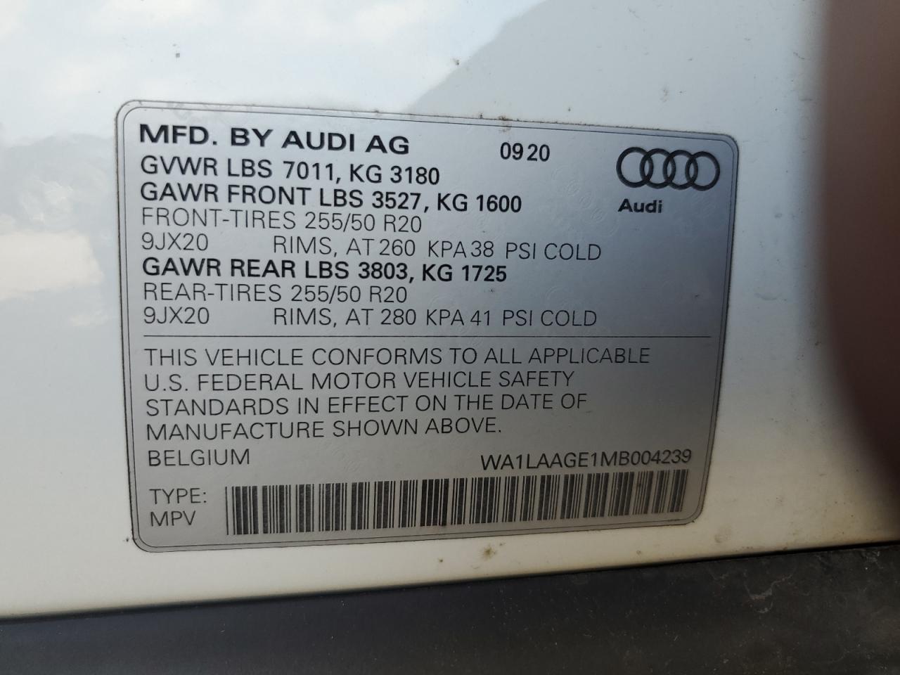 wa1laage1mb004239 WA1LAAGE1MB004239 2021 Audi E-Tron Premium Plus