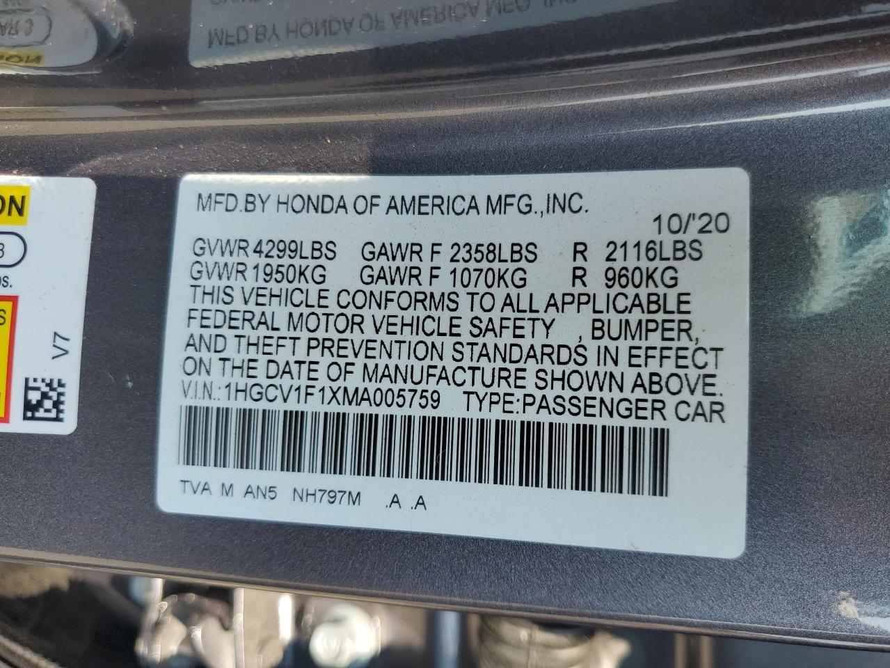 2021 Honda Accord Lx VIN: 1HGCV1F1XMA005759 Lot: 63583935