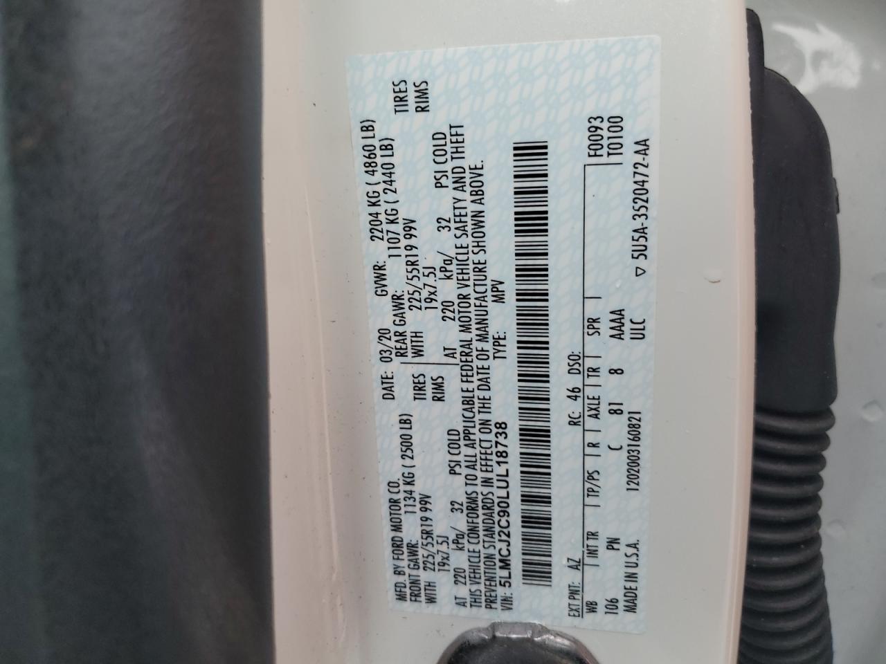 2020 Lincoln Corsair Reserve VIN: 5LMCJ2C90LUL18738 Lot: 64099195