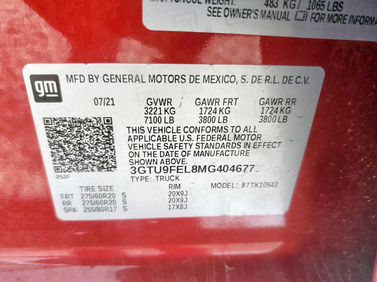 2021 GMC Sierra K1500 Denali VIN: 3GTU9FEL8MG404677 Lot: 63331685