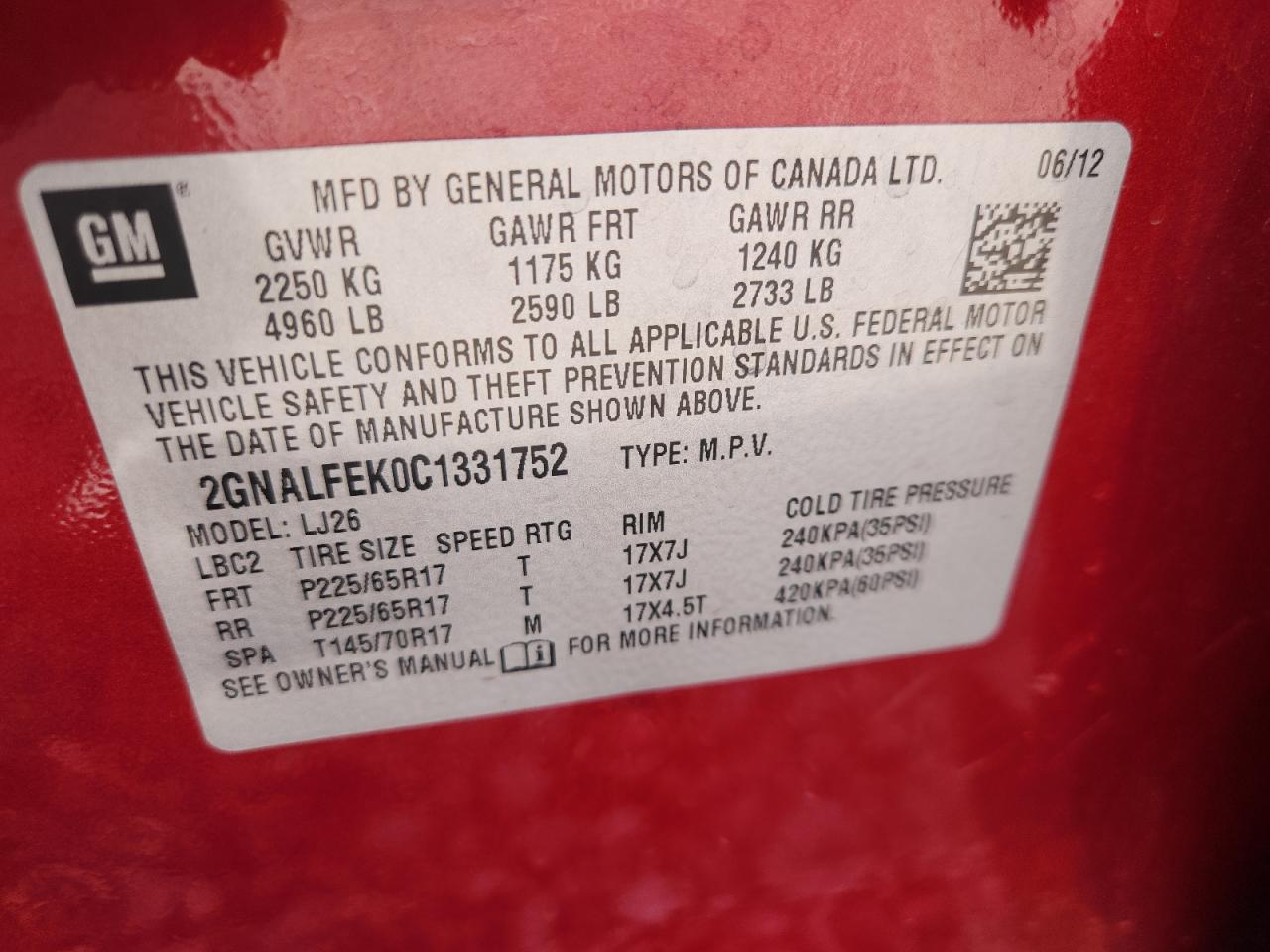 2012 Chevrolet Equinox Ltz VIN: 2GNALFEK0C1331752 Lot: 64563625