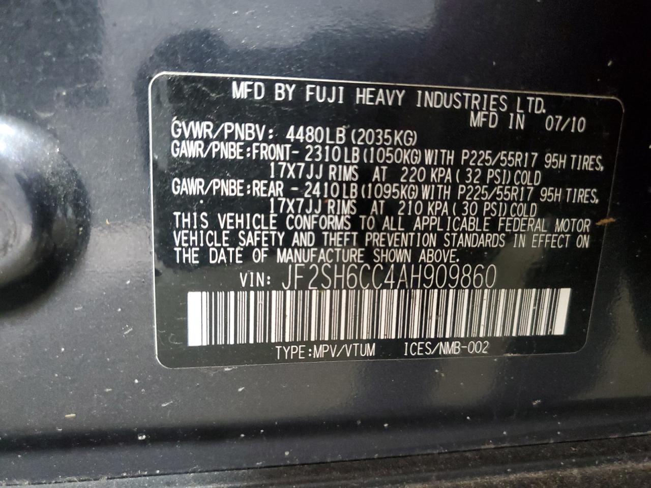 2010 Subaru Forester 2.5X Premium VIN: JF2SH6CC4AH909860 Lot: 63275825
