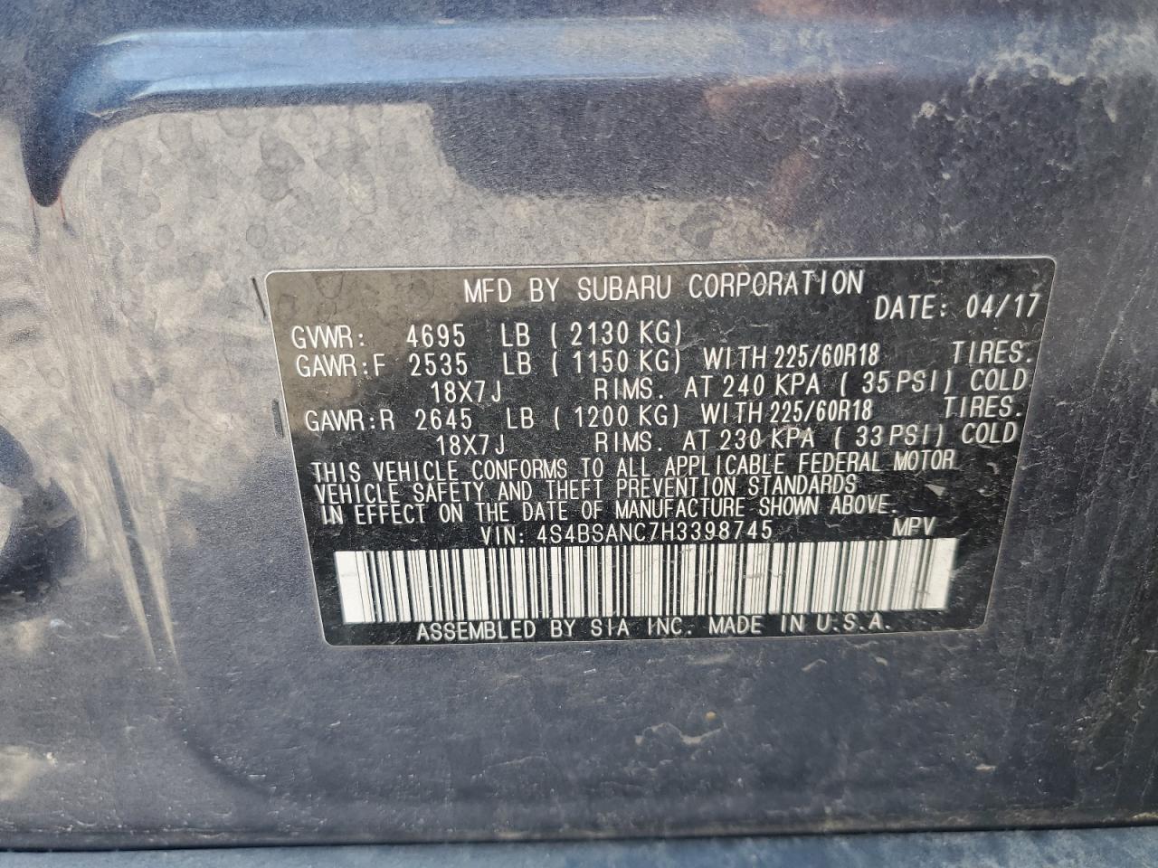 2017 Subaru Outback 2.5I Limited VIN: 4S4BSANC7H3398745 Lot: 62704285