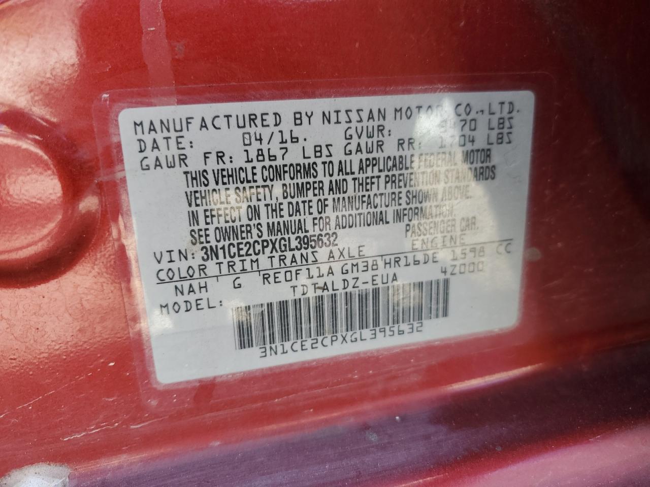 2016 Nissan Versa Note S VIN: 3N1CE2CPXGL395632 Lot: 66737885