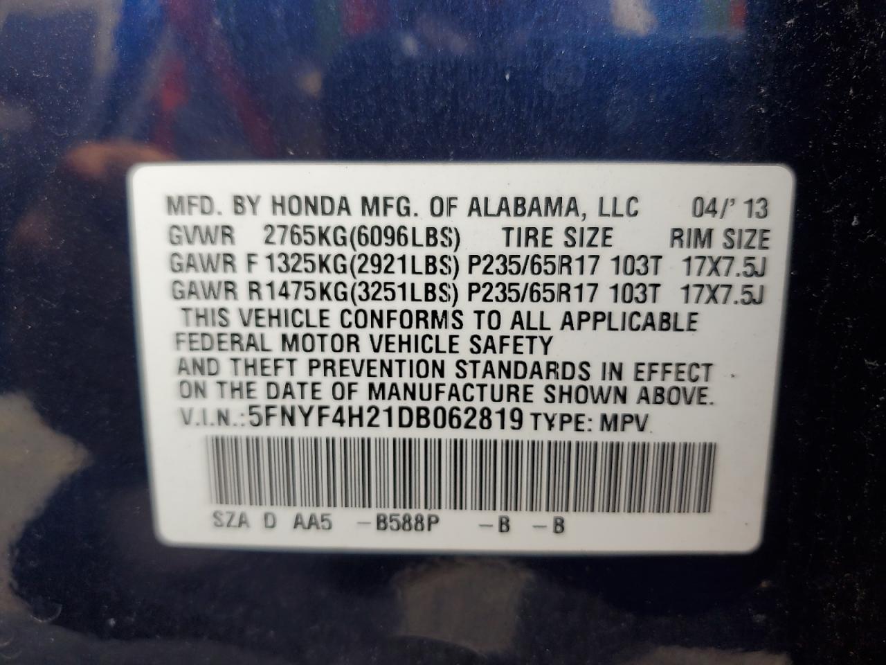 2013 Honda Pilot Lx VIN: 5FNYF4H21DB062819 Lot: 64609015