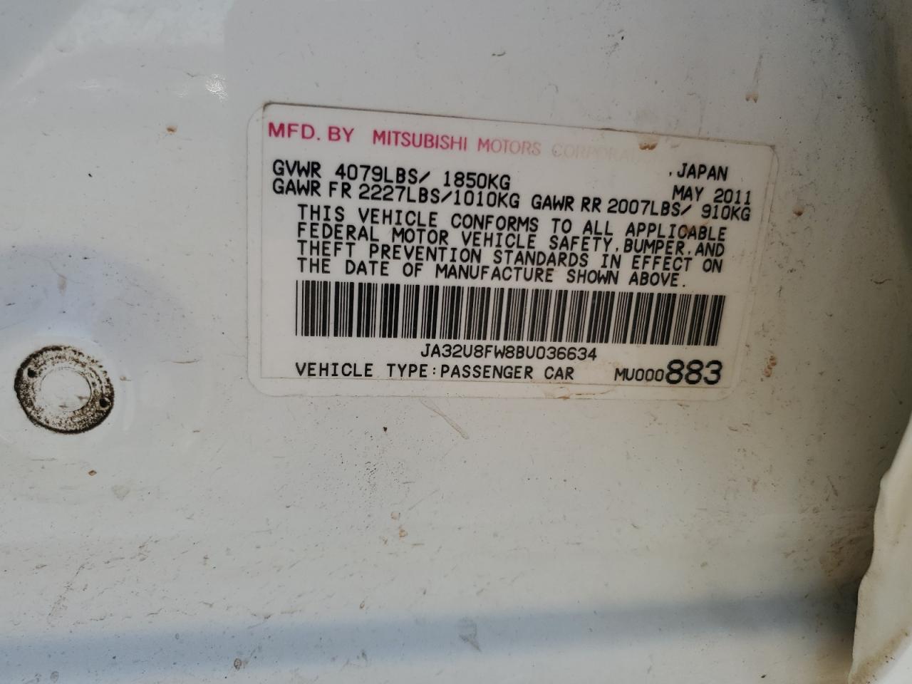 2011 Mitsubishi Lancer Gts VIN: JA32U8FW8BU036634 Lot: 66412275