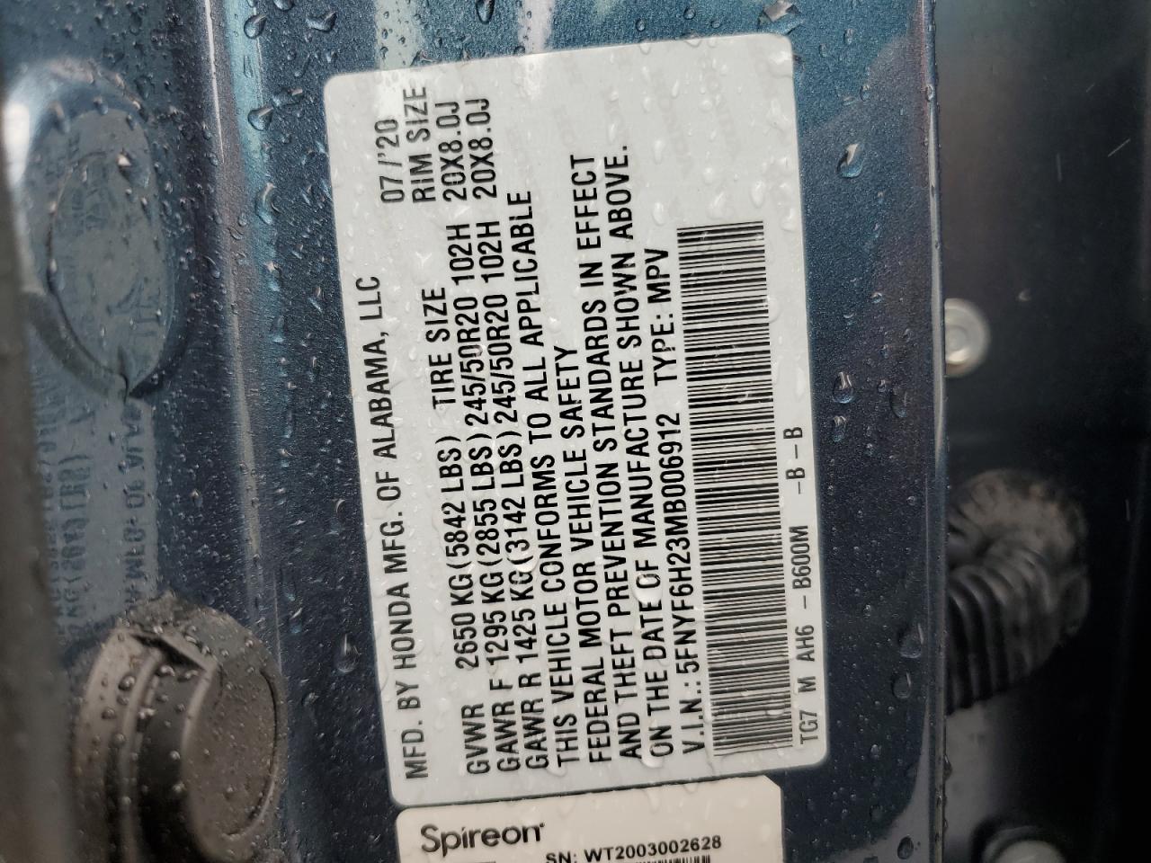 2021 Honda Pilot Se VIN: 5FNYF6H23MB006912 Lot: 65353295