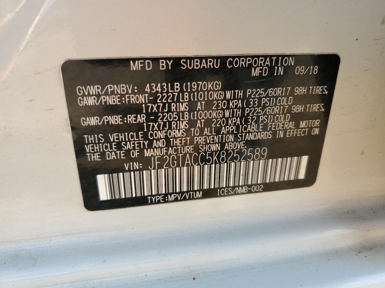 2019 Subaru Crosstrek Premium VIN: JF2GTACC5K8252589 Lot: 65083455