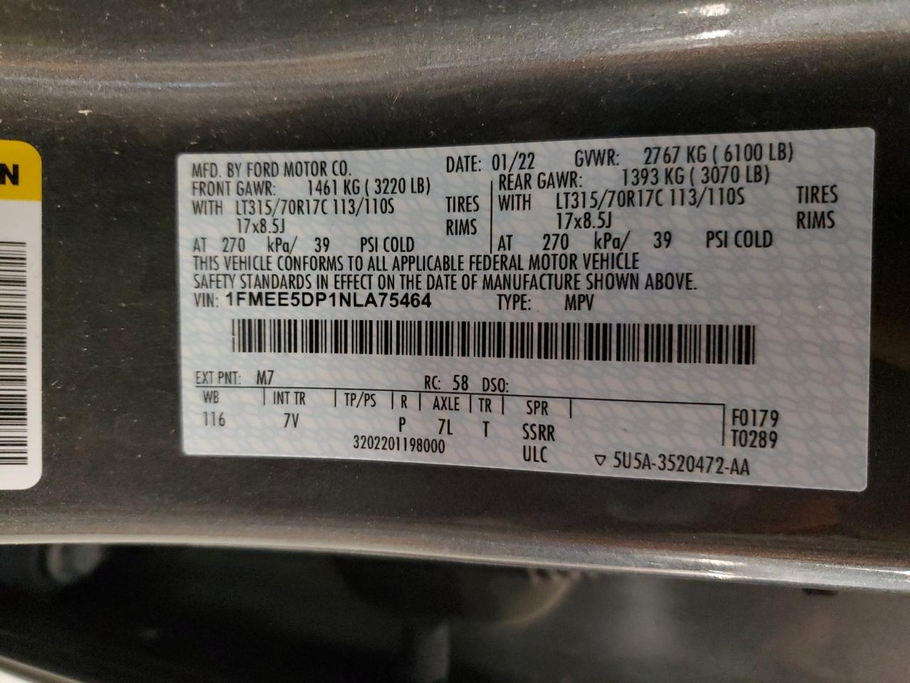 2022 Ford Bronco Base VIN: 1FMEE5DP1NLA75464 Lot: 63339015
