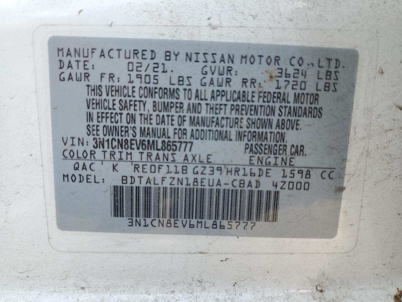 2021 Nissan Versa Sv VIN: 3N1CN8EV6ML865777 Lot: 63016305