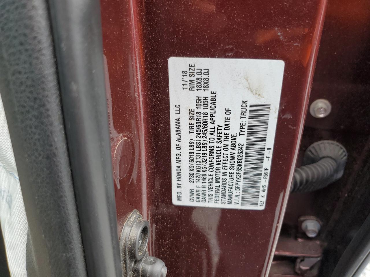 2019 Honda Ridgeline Rtl VIN: 5FPYK3F65KB026342 Lot: 65613715