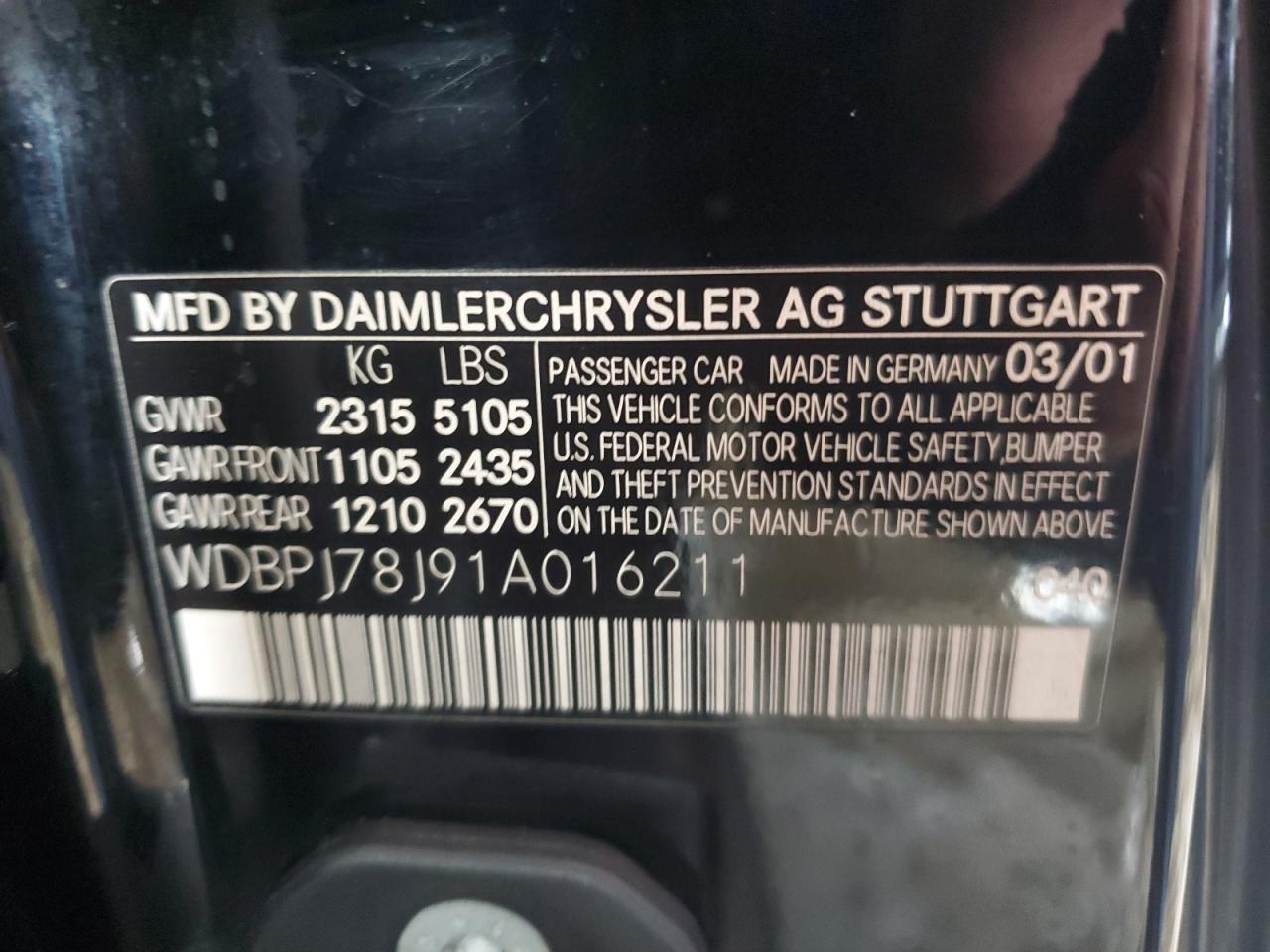 2001 Mercedes-Benz Cl 600 VIN: WDBPJ78J91A016211 Lot: 63008385