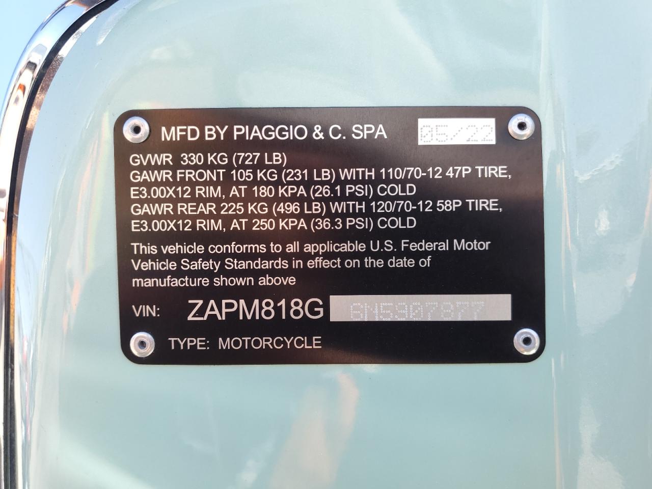2022 Vespa Primavera/Sprint 150 VIN: ZAPM818G6N5907877 Lot: 66542775