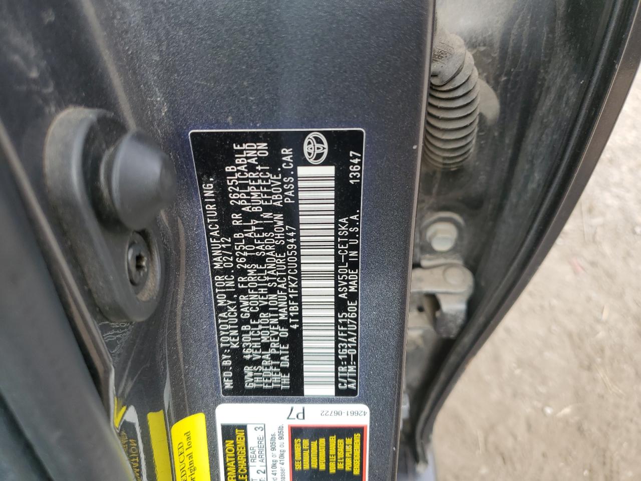 2012 Toyota Camry Base VIN: 4T1BF1FK7CU059447 Lot: 63103465