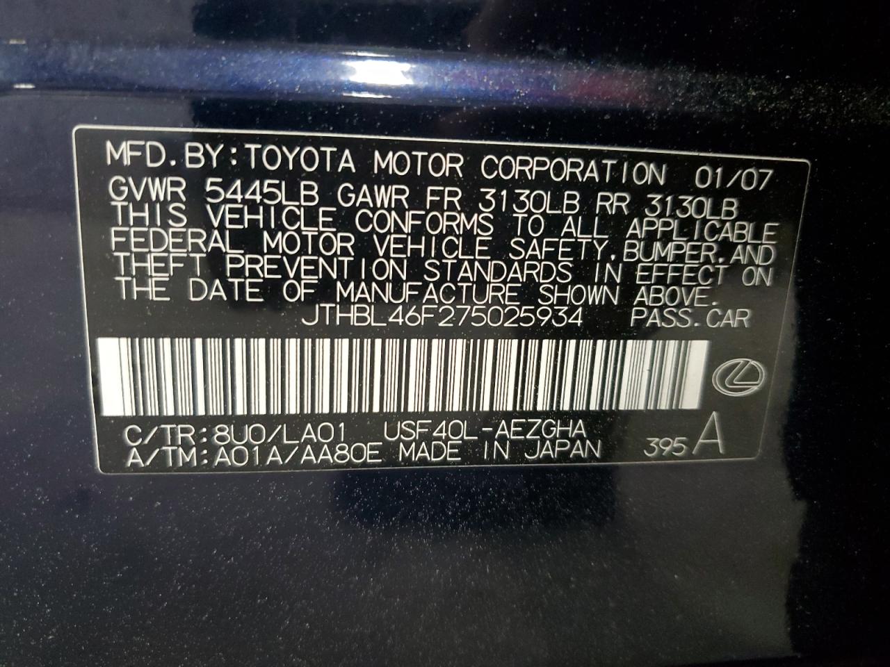 2007 Lexus Ls 460 VIN: JTHBL46F275025934 Lot: 63252745