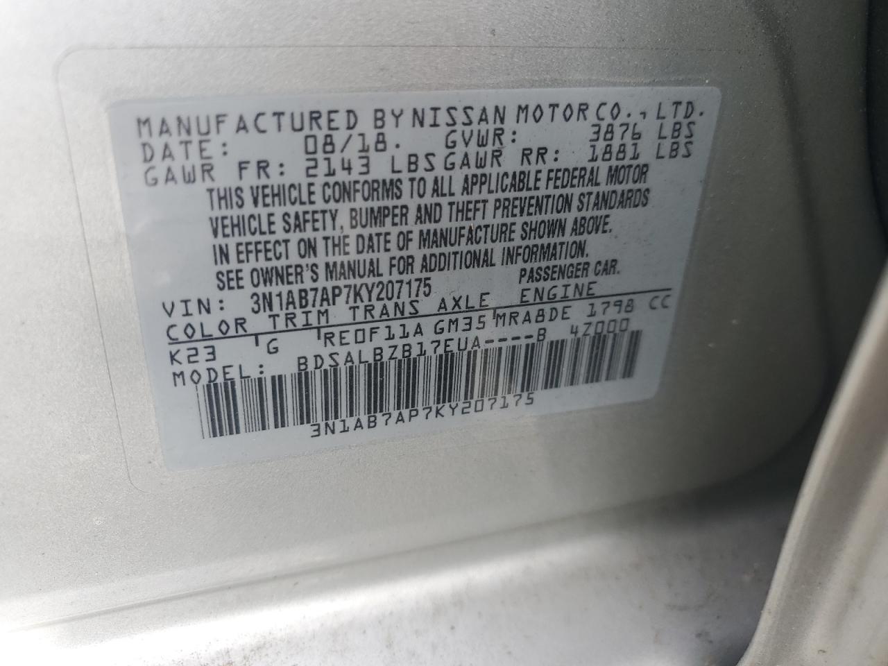 2019 Nissan Sentra S VIN: 3N1AB7AP7KY207175 Lot: 64664335
