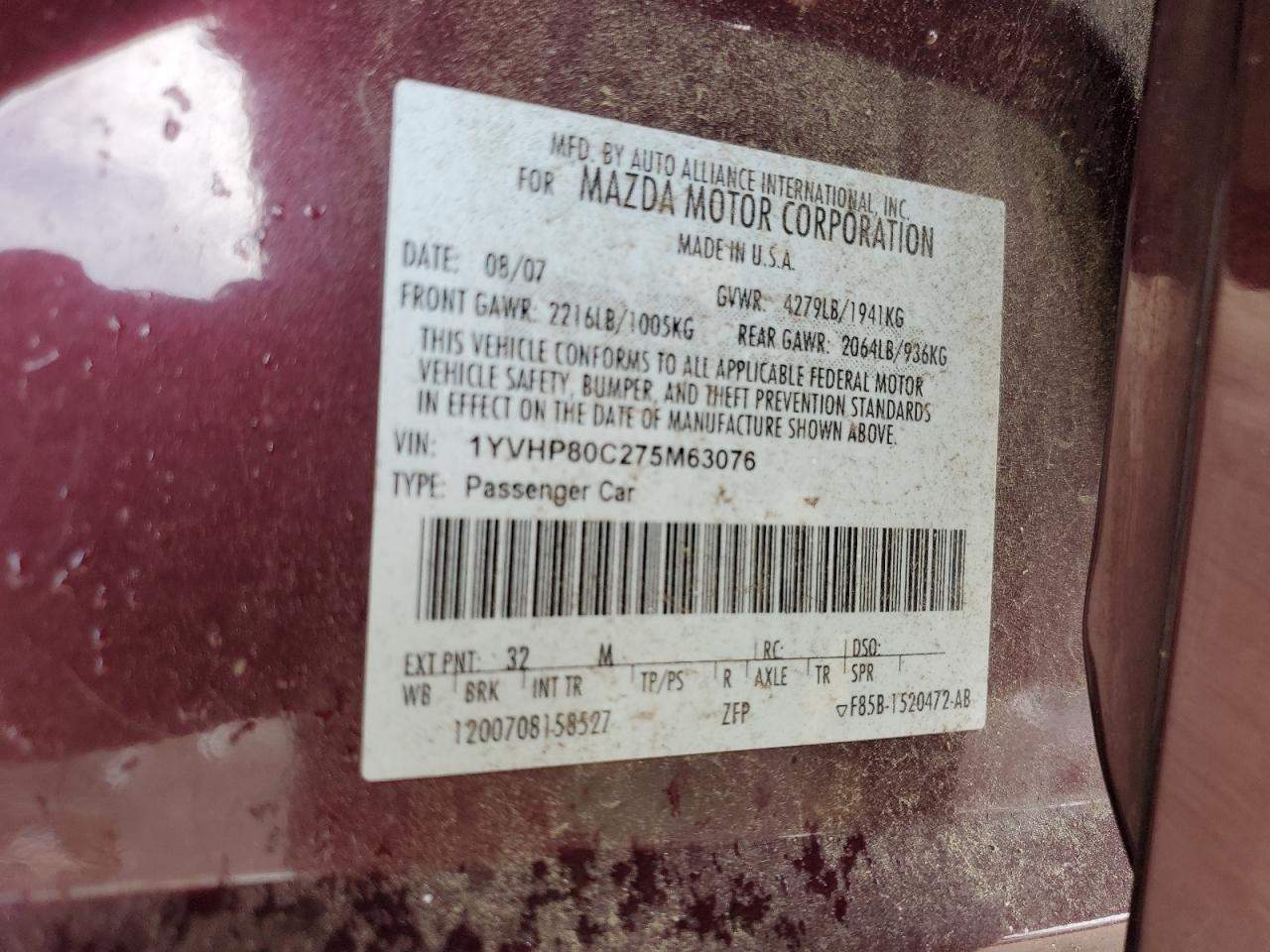 2007 Mazda 6 I VIN: 1YVHP80C275M63076 Lot: 65471265