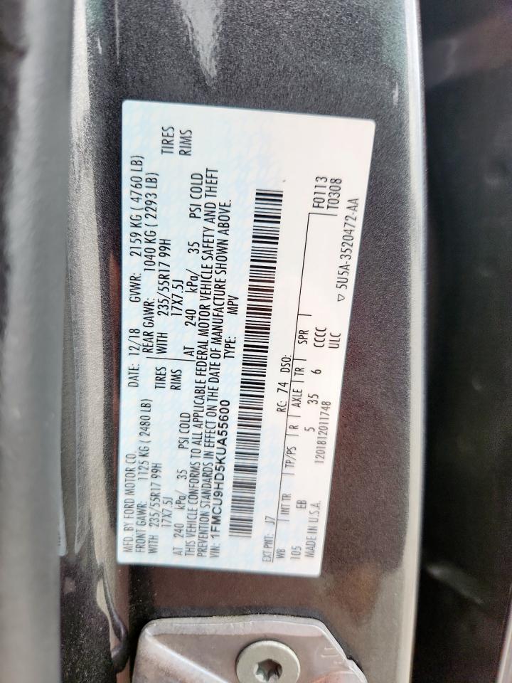 2019 Ford Escape Sel VIN: 1FMCU9HD5KUA55600 Lot: 63324715