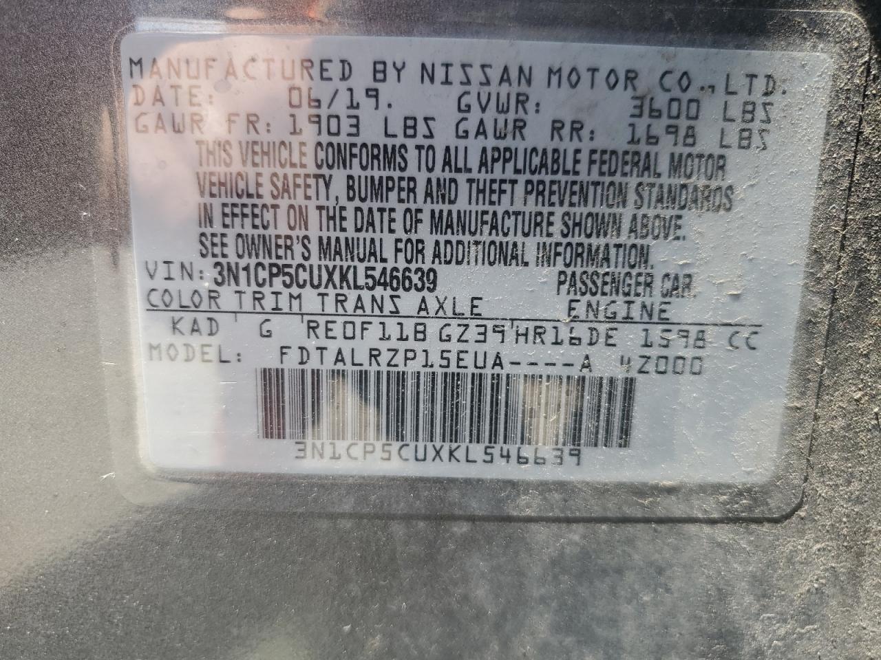 2019 Nissan Kicks S VIN: 3N1CP5CUXKL546639 Lot: 63255355