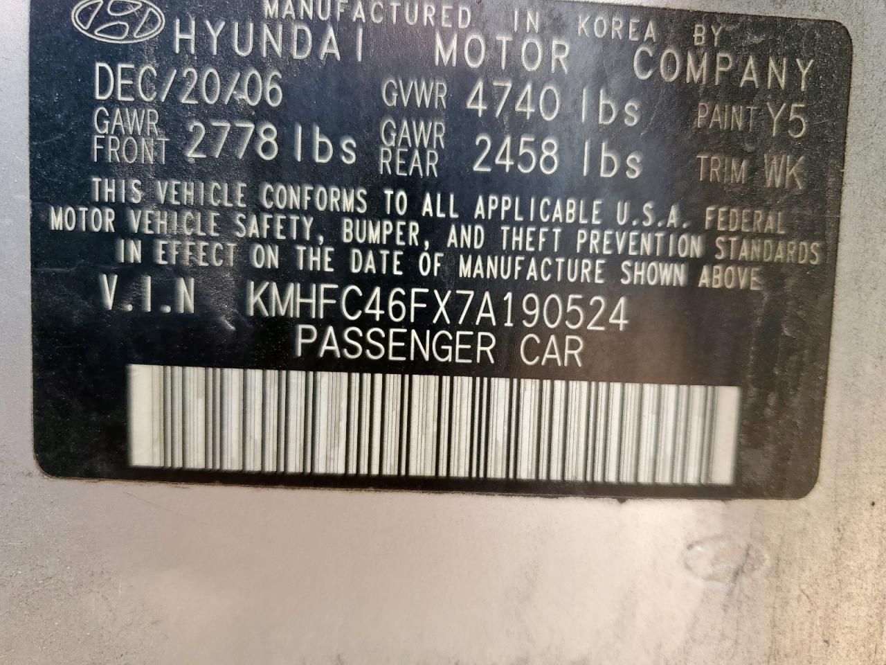 2007 Hyundai Azera Se VIN: KMHFC46FX7A190524 Lot: 65563275