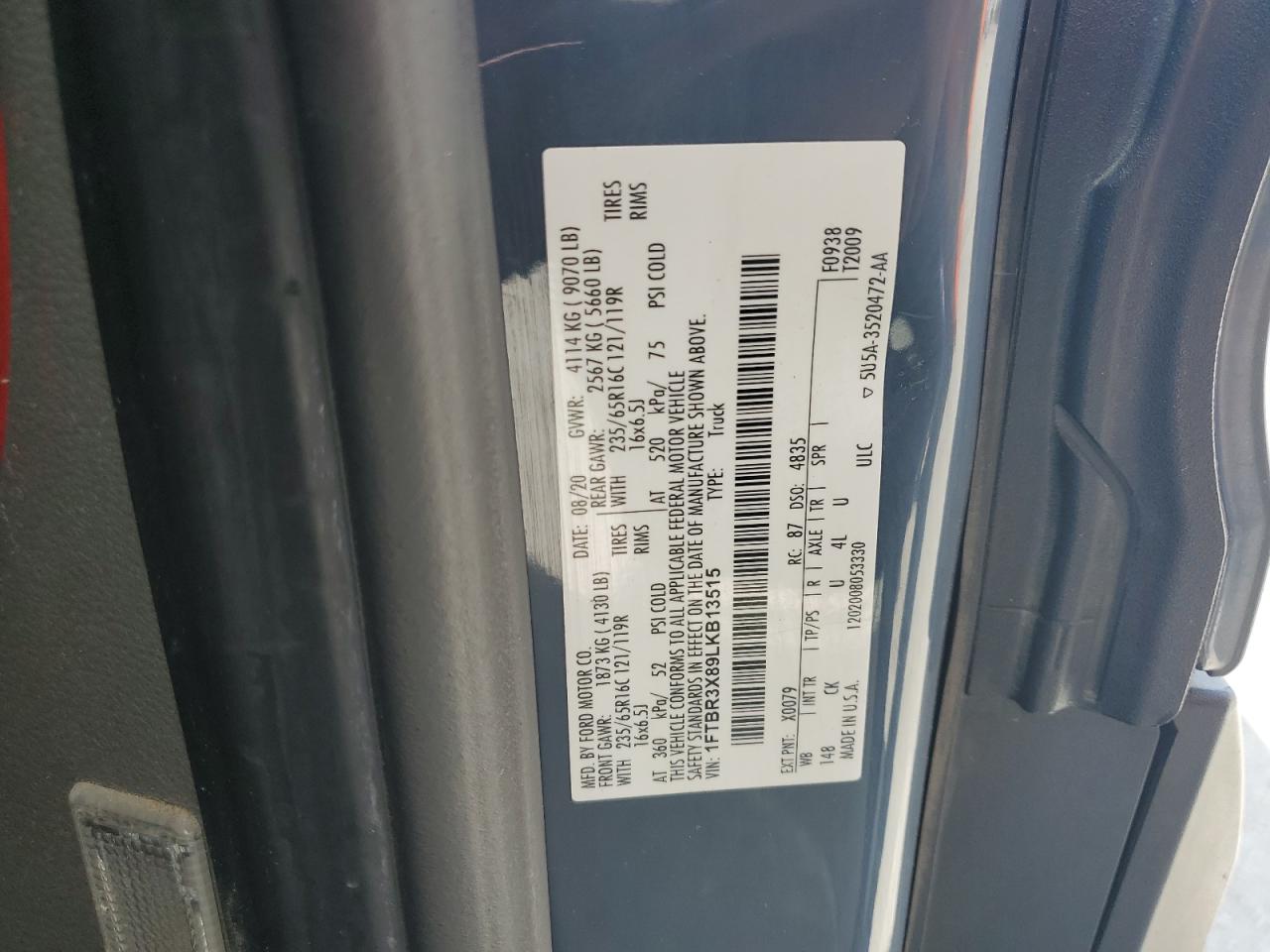 2020 Ford Transit T-250 VIN: 1FTBR3X89LKB13515 Lot: 66376165