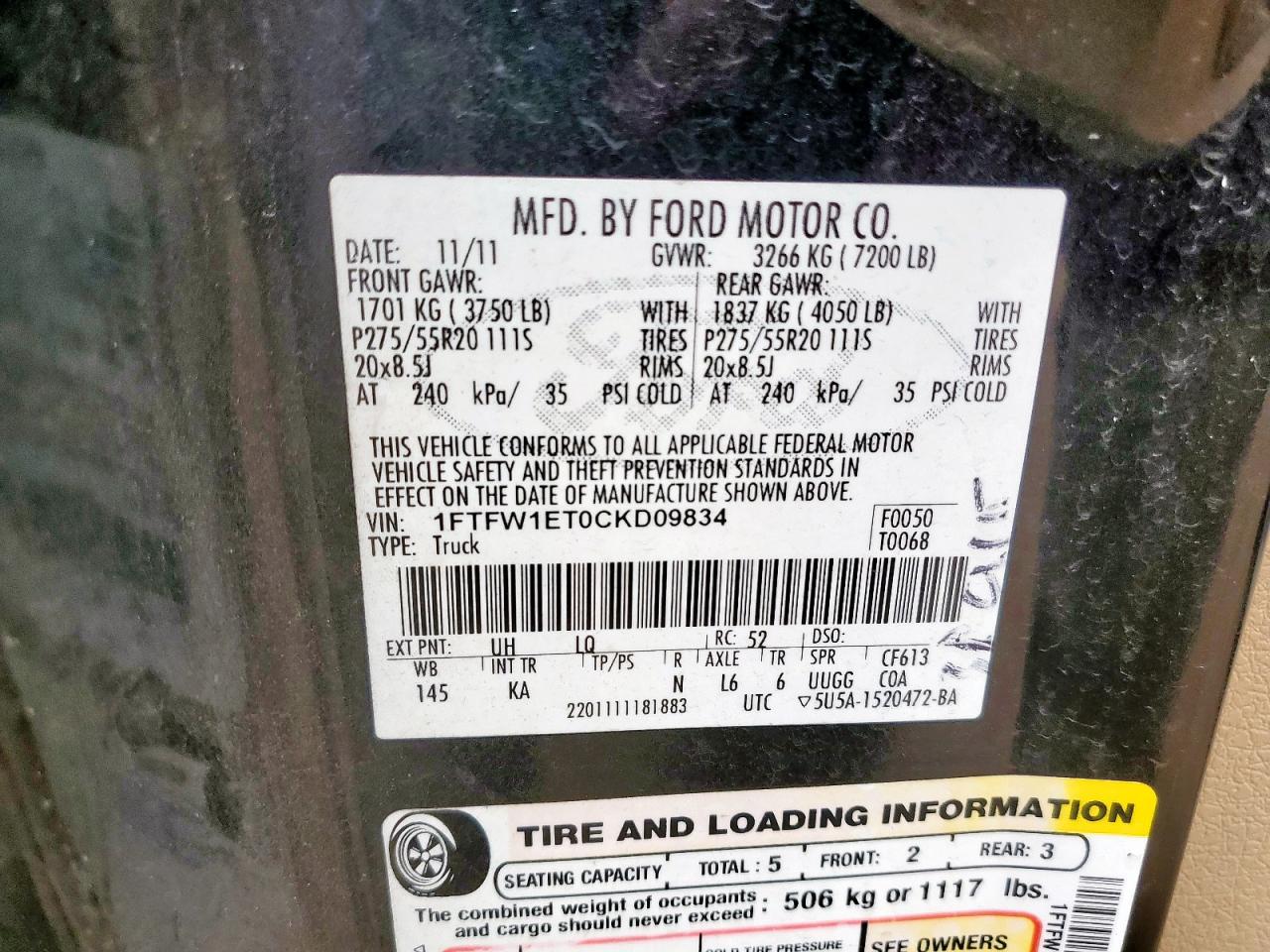 2012 Ford F150 Supercrew VIN: 1FTFW1ET0CKD09834 Lot: 65573665