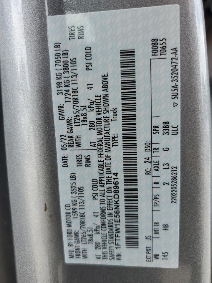 2022 Ford F150 Supercrew VIN: 1FTFW1E56NKD89614 Lot: 63107375
