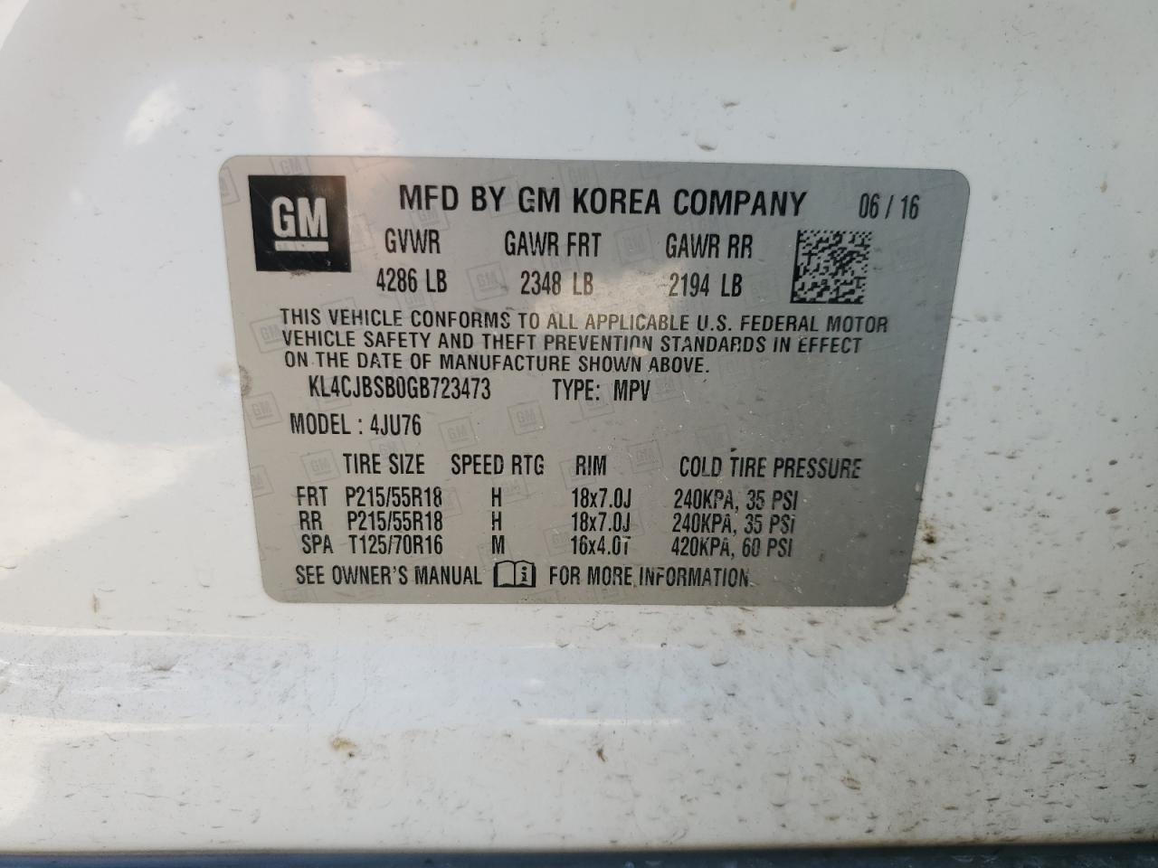 2016 Buick Encore Convenience VIN: KL4CJBSB0GB723473 Lot: 66641685