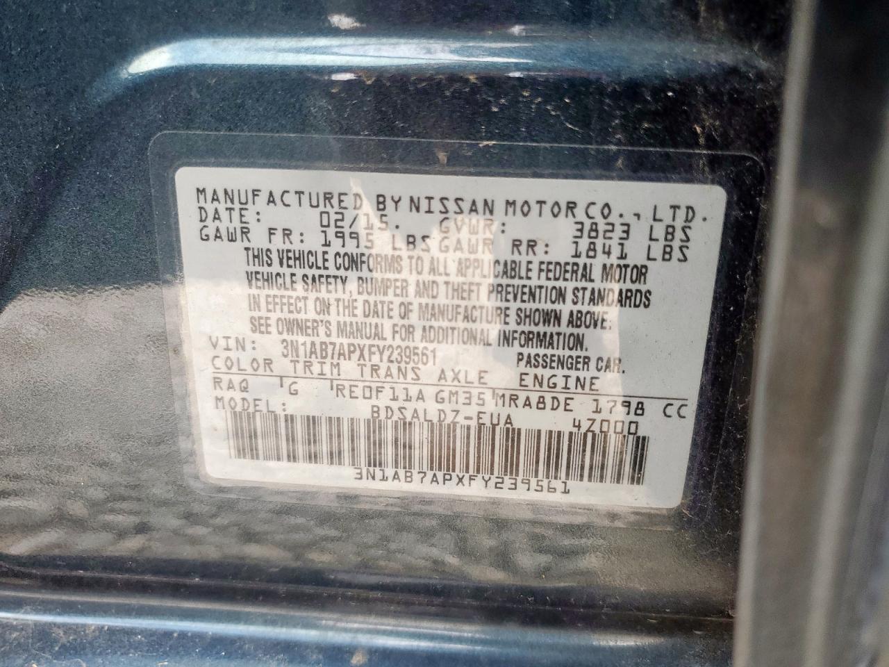 2015 Nissan Sentra S VIN: 3N1AB7APXFY239561 Lot: 64035345