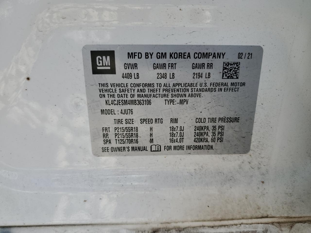 2021 Buick Encore Preferred VIN: KL4CJESM4MB363106 Lot: 64937505