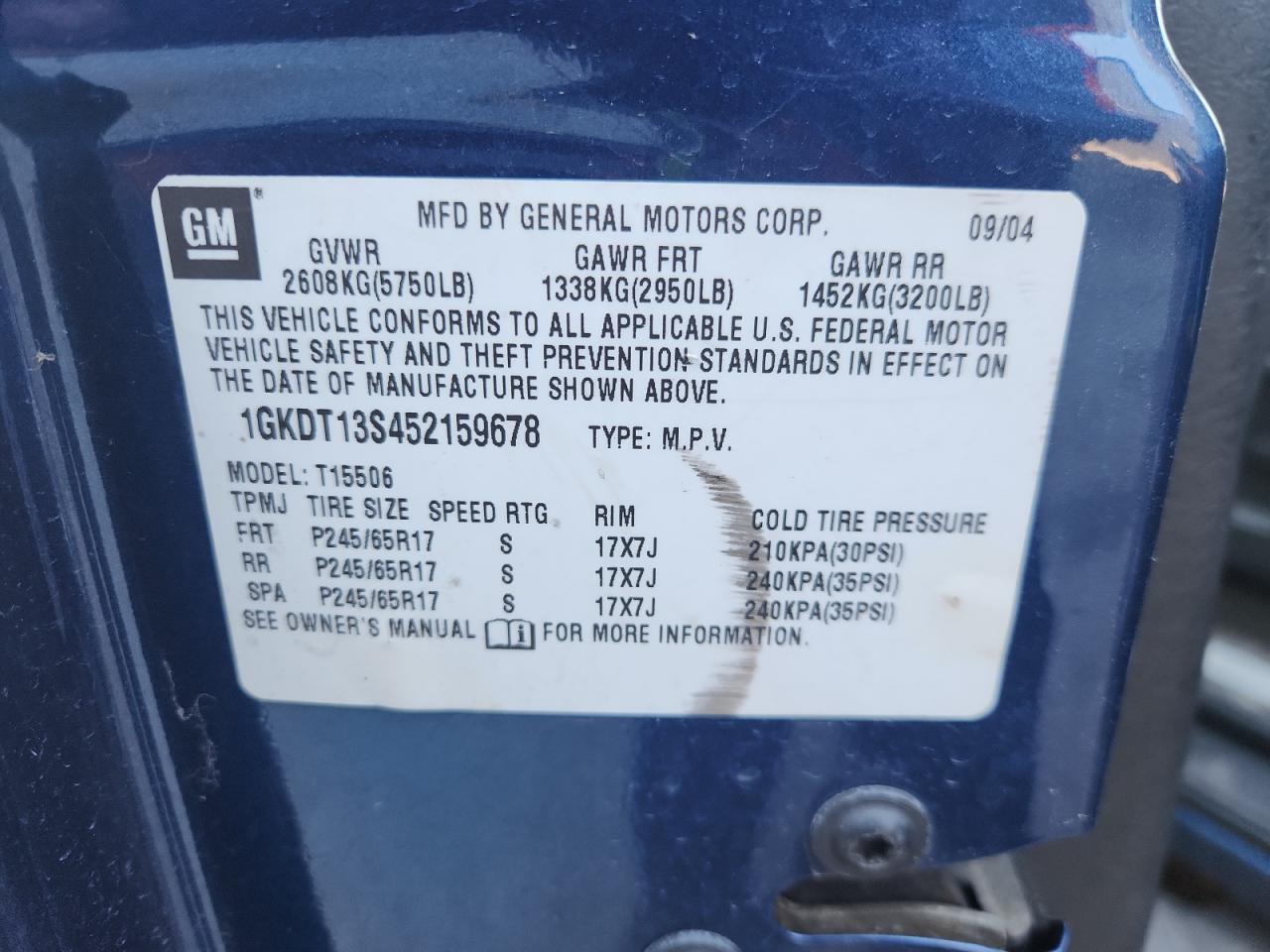 2005 GMC Envoy VIN: 1GKDT13S452159678 Lot: 62768645