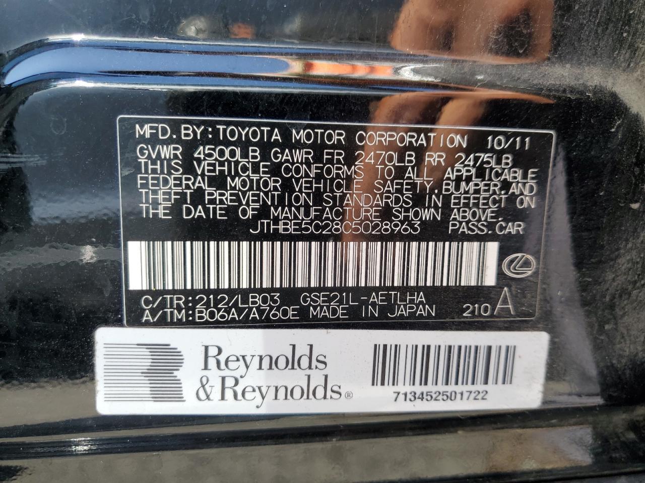 2012 Lexus Is 350 VIN: JTHBE5C28C5028963 Lot: 62705175