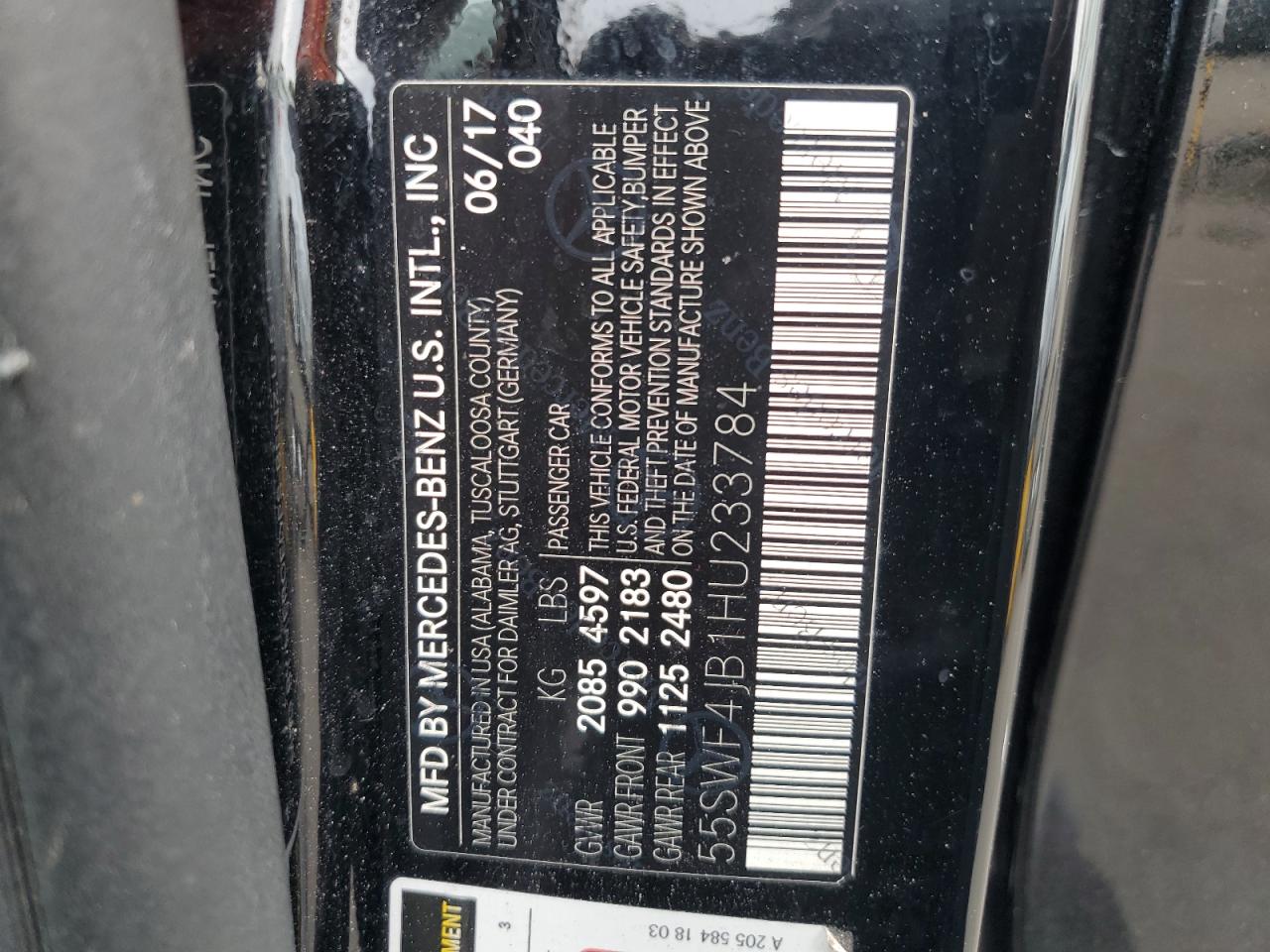 2017 Mercedes-Benz C 300 VIN: 55SWF4JB1HU233784 Lot: 62966235