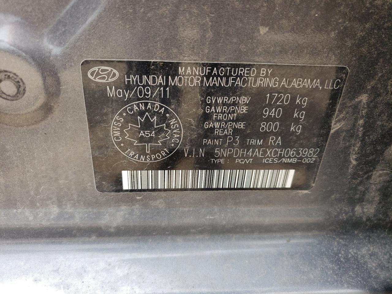 2012 Hyundai Elantra Gls VIN: 5NPDH4AEXCH063982 Lot: 66171855