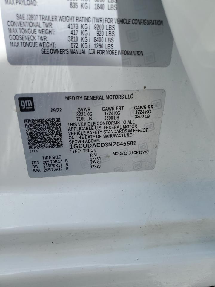 2022 Chevrolet Silverado K1500 VIN: 1GCUDAED3NZ645591 Lot: 67072965