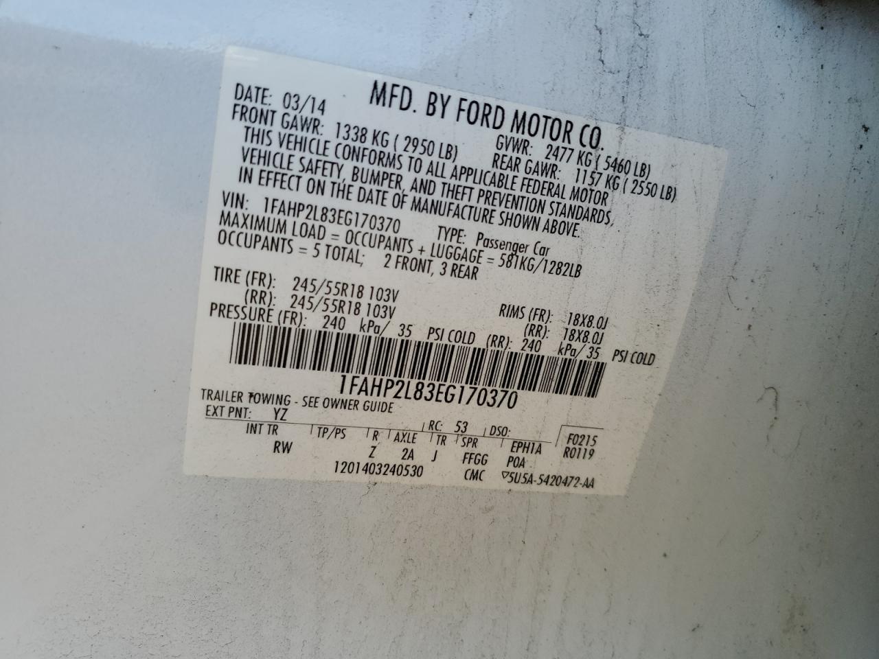 2014 Ford Taurus Police Interceptor VIN: 1FAHP2L83EG170370 Lot: 63460475
