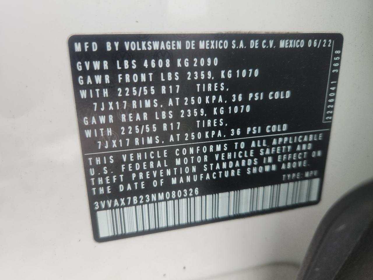 2022 Volkswagen Taos S VIN: 3VVAX7B23NM080326 Lot: 64056905