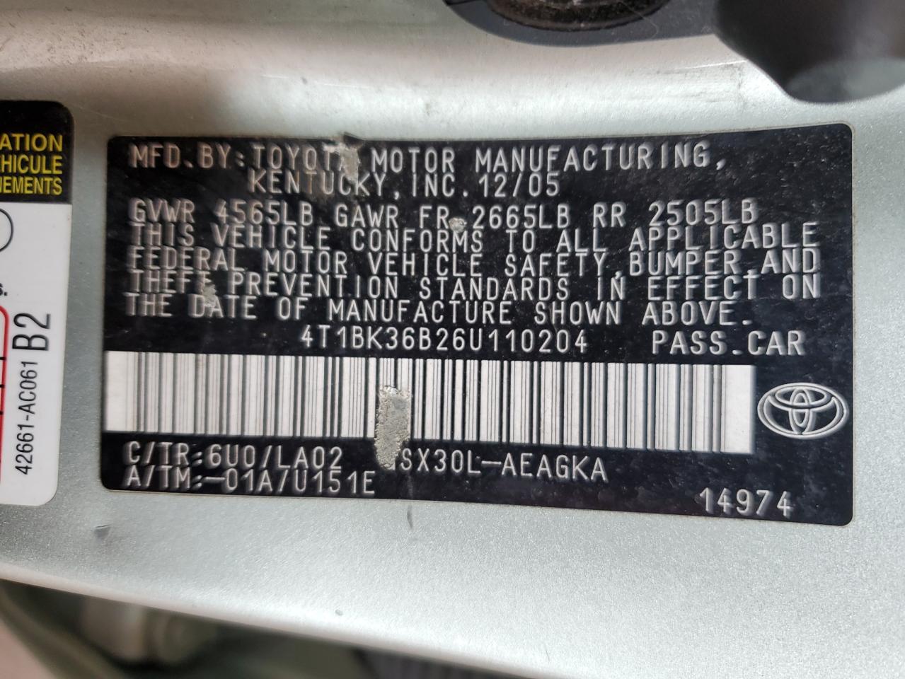 2006 Toyota Avalon Xl VIN: 4T1BK36B26U110204 Lot: 64614745
