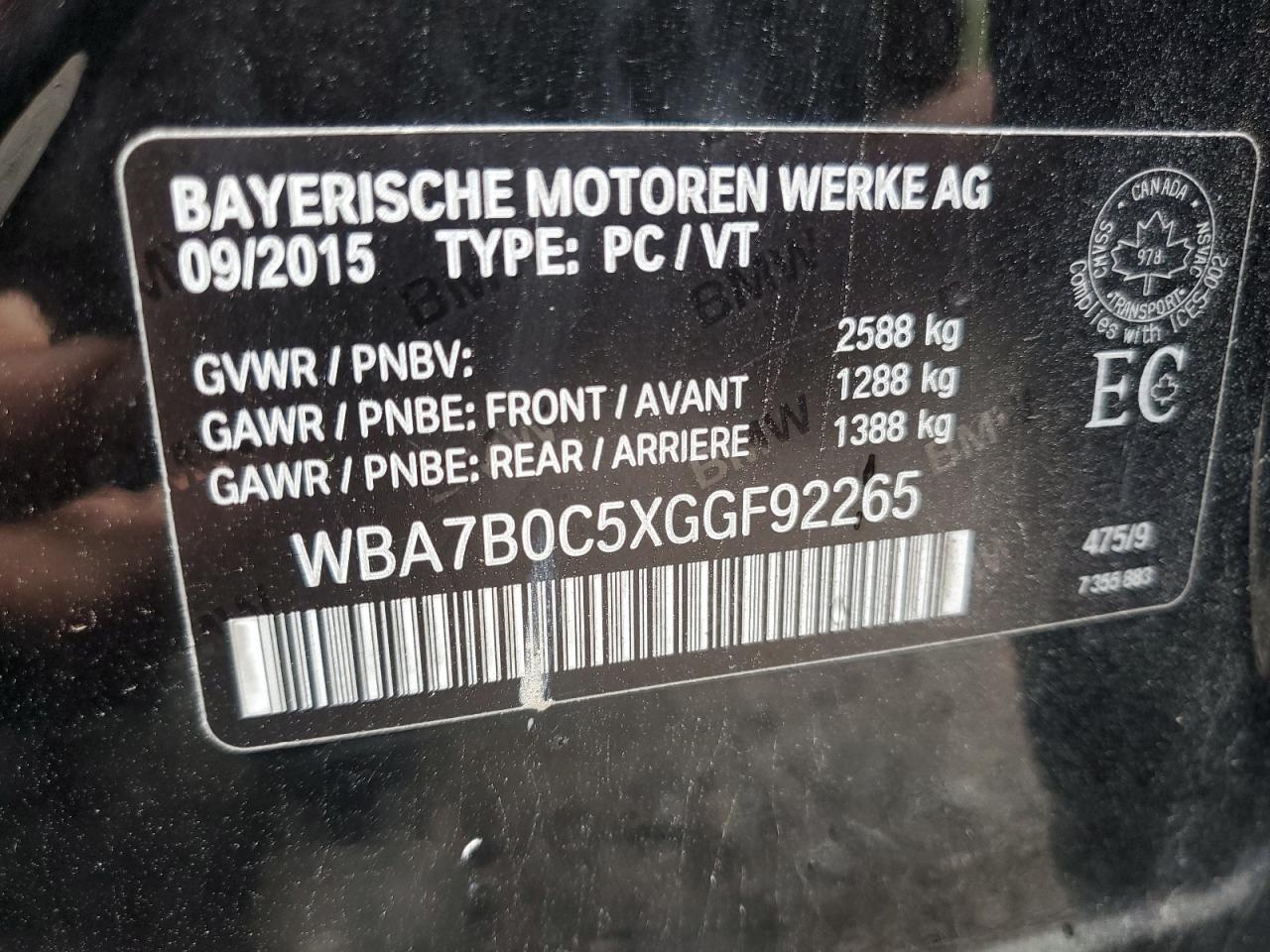2016 BMW 750 Xi VIN: WBA7B0C5XGGF92265 Lot: 64574435