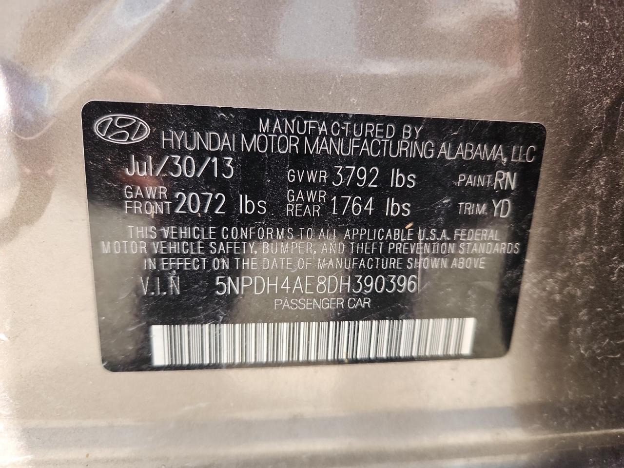 2013 Hyundai Elantra Gls VIN: 5NPDH4AE8DH390396 Lot: 63040105