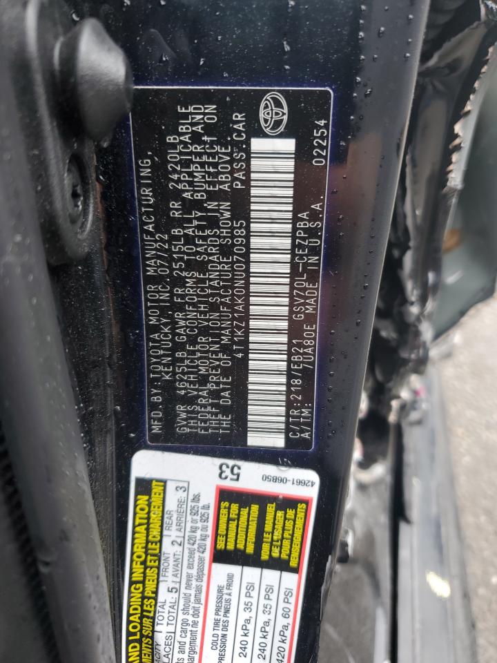 2022 Toyota Camry Trd VIN: 4T1KZ1AK0NU070985 Lot: 65040525