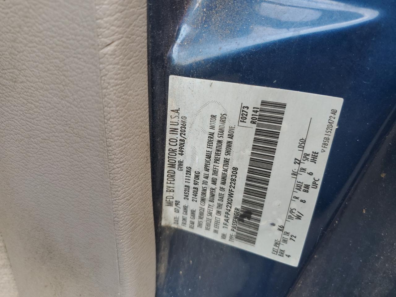 1998 Ford Mustang Gt VIN: 1FAFP42X0WF228308 Lot: 57131525
