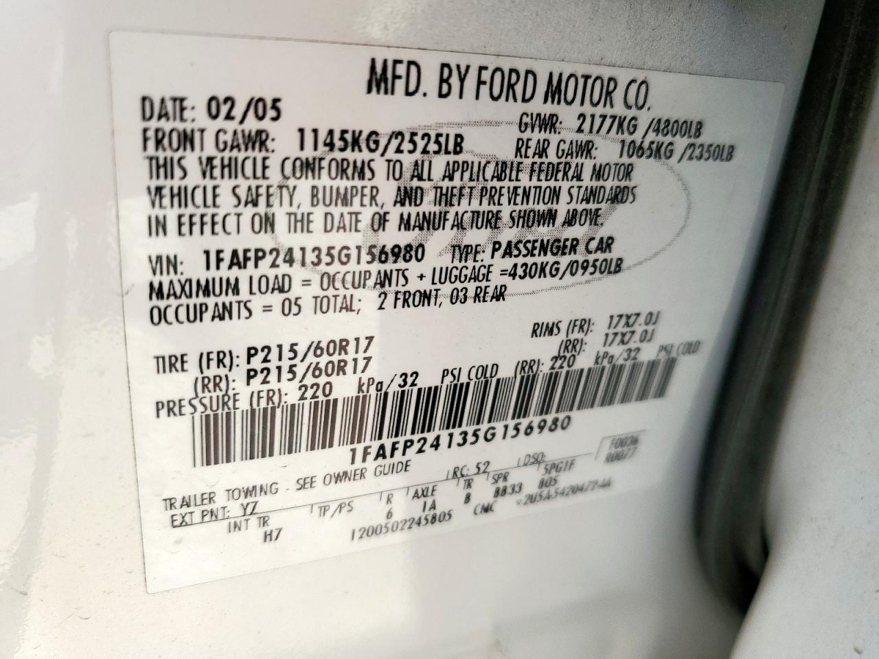 2005 Ford Five Hundred Sel VIN: 1FAFP24135G156980 Lot: 64967855