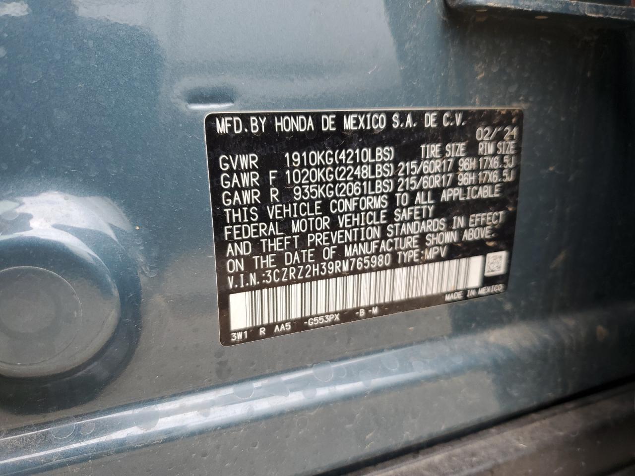 2024 Honda Hr-V Lx VIN: 3CZRZ2H39RM765980 Lot: 64841585
