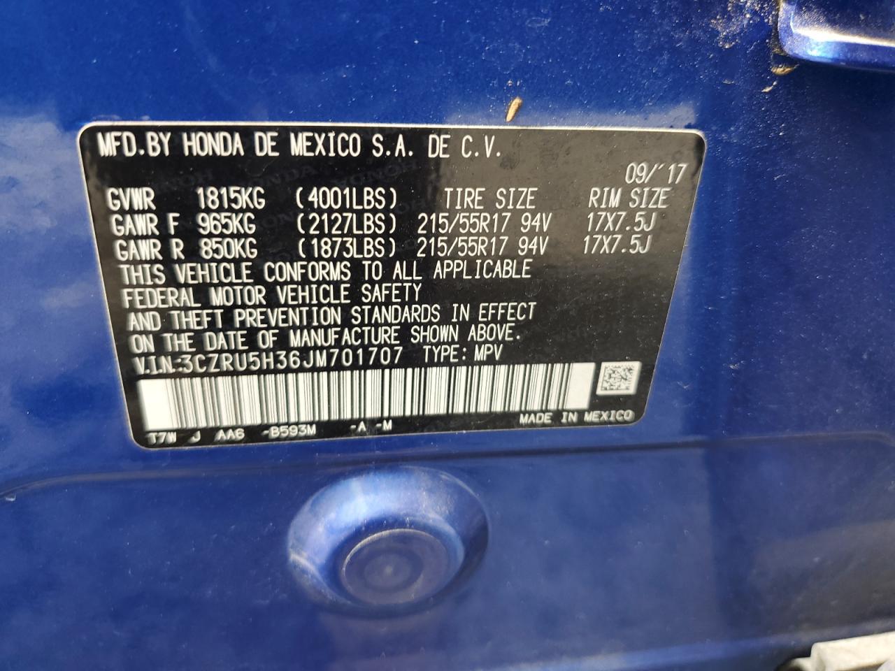 2018 Honda Hr-V Lx VIN: 3CZRU5H36JM701707 Lot: 65135415