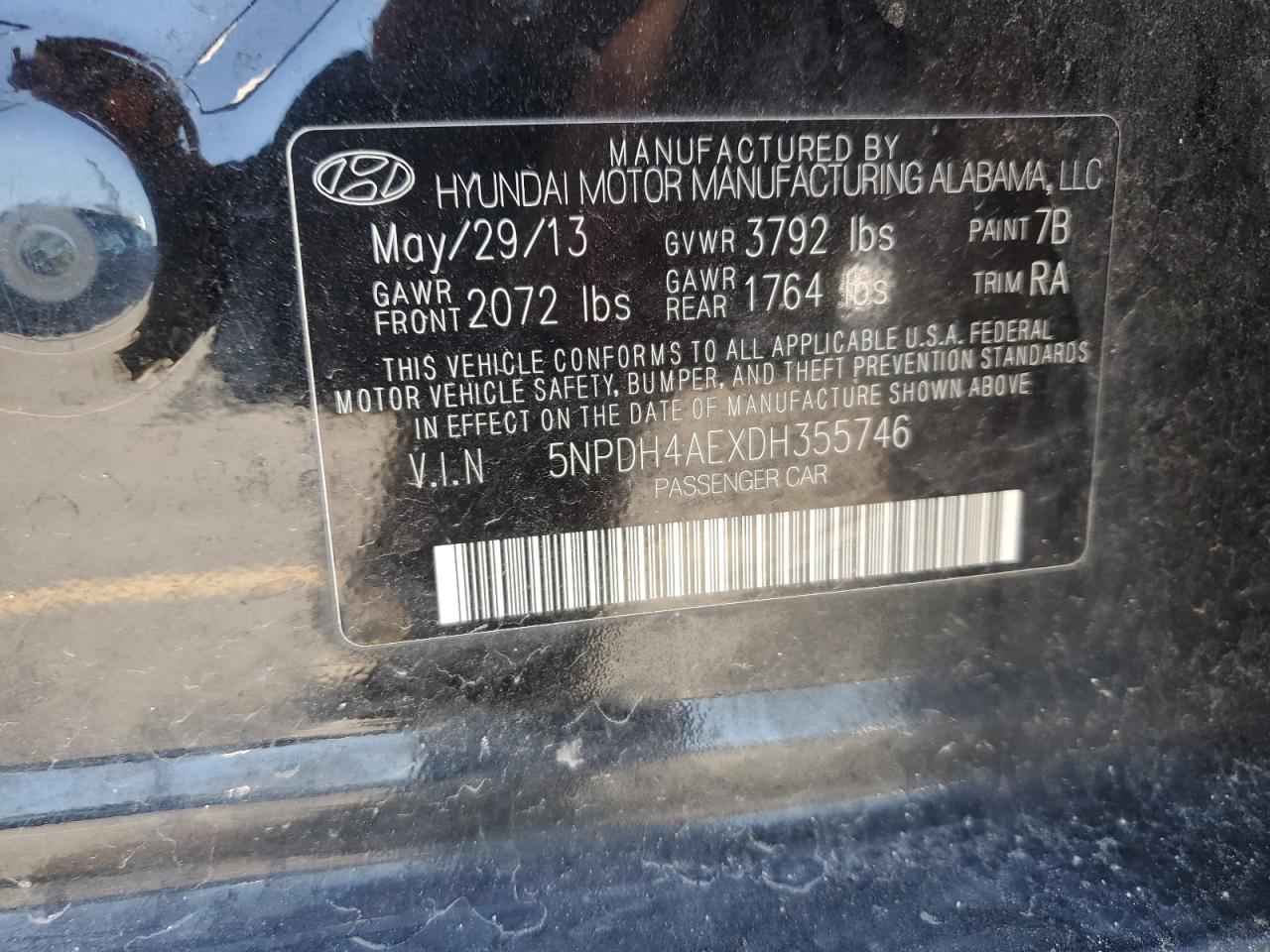 2013 Hyundai Elantra Gls VIN: 5NPDH4AEXDH355746 Lot: 64331505