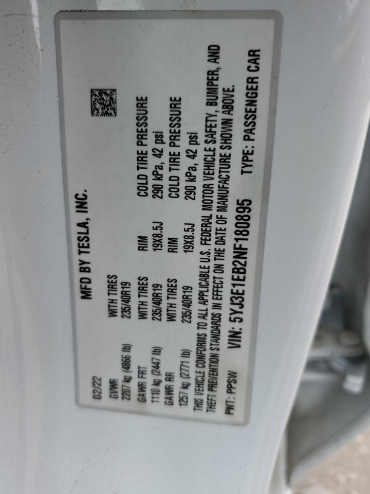 2022 Tesla Model 3 VIN: 5YJ3E1EB2NF180895 Lot: 63252055